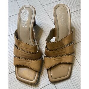 Franco Sarto Y2K Tan Leather Square Toe Block 2.5" Heel Sandal Slides Shoe 7.5 M